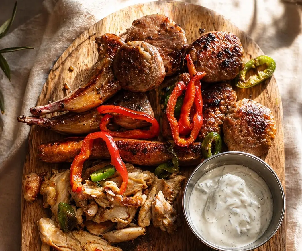 Grand plateau de grillades Konaku : côtelettes d'agneau, qofte, saucisse, poulet, poivrons grillés, sauce au yaourt et salade